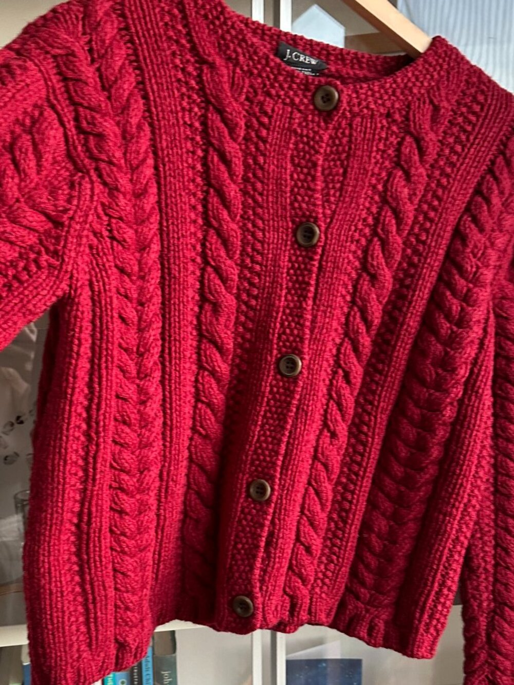 RARE Vintage J.Crew 100% Wool Chunky Cable Knit Red Boxy Cardigan S - Picture 4 of 8